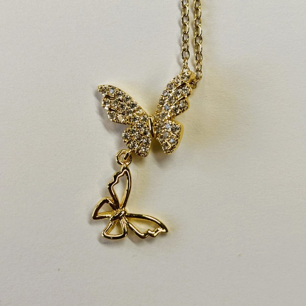 Gold Zircon Relief Two Butterflies Pendant Necklace